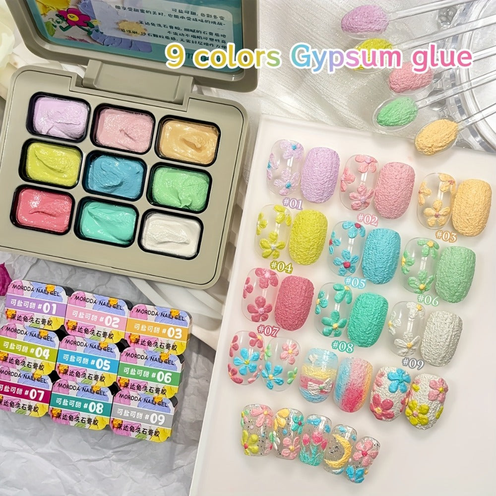Plaster Gel Nail Art Set 9 Colors No-Wipe 3D Gypsum Gel Polish - High Saturation Macaron Salty Sweet Palette for Sculpting Textured Dimensional Nail Designs Salon & Home DIY UV LED