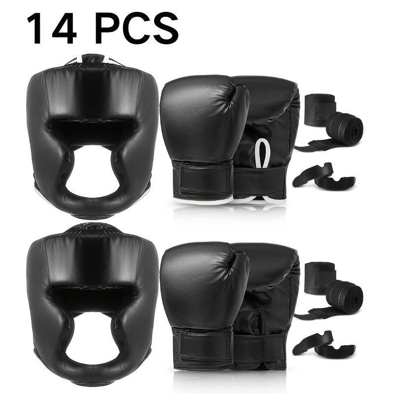 Boxing Kit Set 14pcs – 2 Pairs 16oz Boxing Gloves, Headgear, Hand Wraps & Mouthguards for Adults & Youth Beginners – Complete Boxing Training Equipment for Men Women Teens