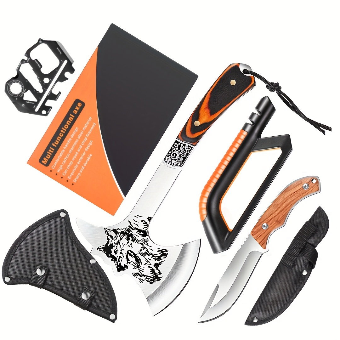 Tactical Axe Set Outdoor Multifunctional Knife Tool Card 3-4 Piece Kit for Hiking Camping BBQ Survival Wolf Head Axe Option
