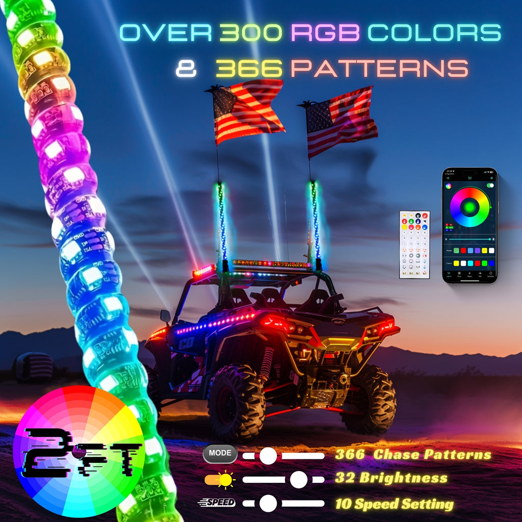 1 Pair (2pcs) 1ft/2ft/3ft/4ft Brighter RGB LED Whip Lights Flag Pole Remote And APP Control Color Changing Lamp Spiral RGB Music Chasing/Dancing Neon Light Whips for UTV ATV RZR SXS Side By Side Dune Buggy Offroad Truck (w/o Spring Base)