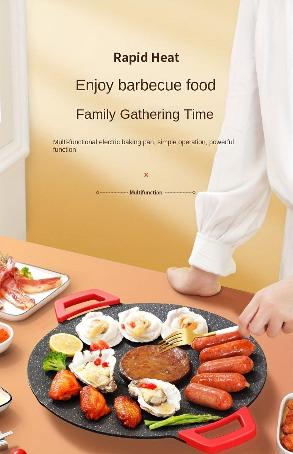 Korean BBQ Grill Pan – Round Non-Stick Multi-Functional Electric Grill Pan with Red Handle & Adjustable Settings, Home & Outdoor BBQ Pot for Family Gatherings, Available in 14.17" & 15.75"