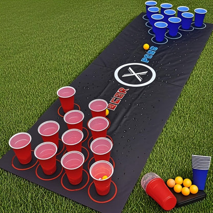 Beer Pong Set with Table Mat 12 Red Cups 12 Blue Cups & 24 Ping Pong Balls – Complete Adult Drinking Party Game for Game Night Couples Friends Bar, Christmas Valentine's Day Birthday Gift