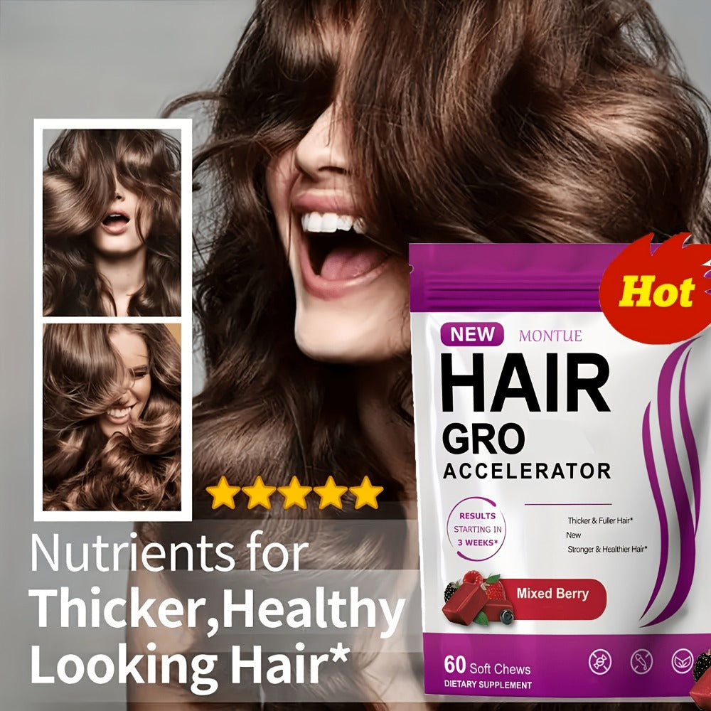 MONTUE Biotin Hair Gummies with Arginine, Vitamin C & Vitamin E – Daily Hair Nourishment Supplement for Women, Mixed Berry Flavor, 60 Soft Chews 30-Day Supply