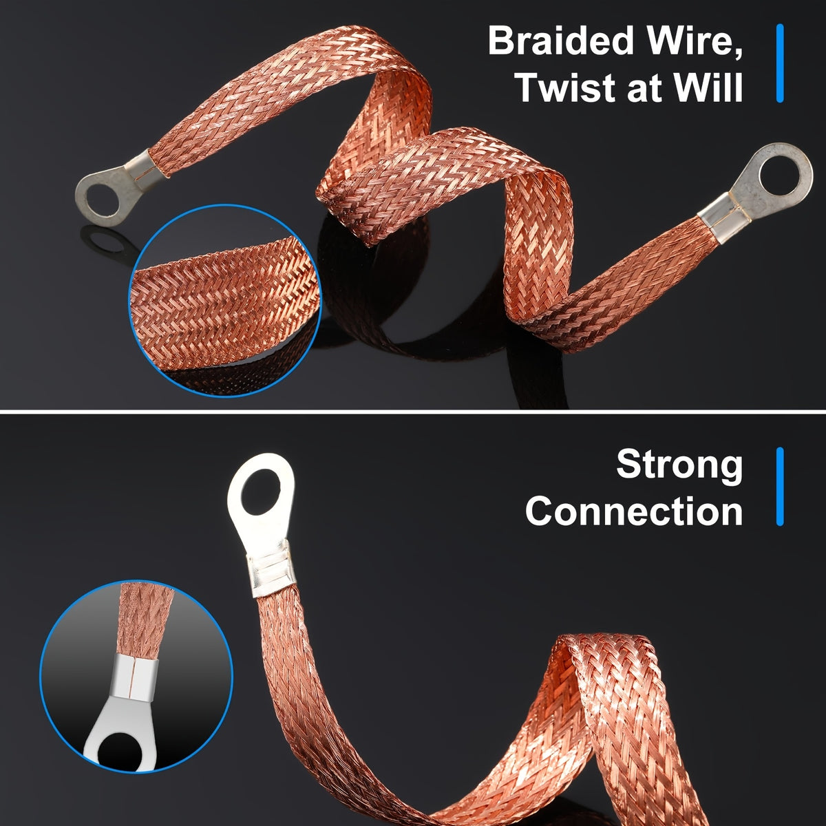 12pcs Universal Automotive Ground Straps, 10/15/20 Inch Engine Ground Strap Kit with Ring Terminals, Braided Copper Tinned Copper Engine Grounding Cable Straps for Most Cars