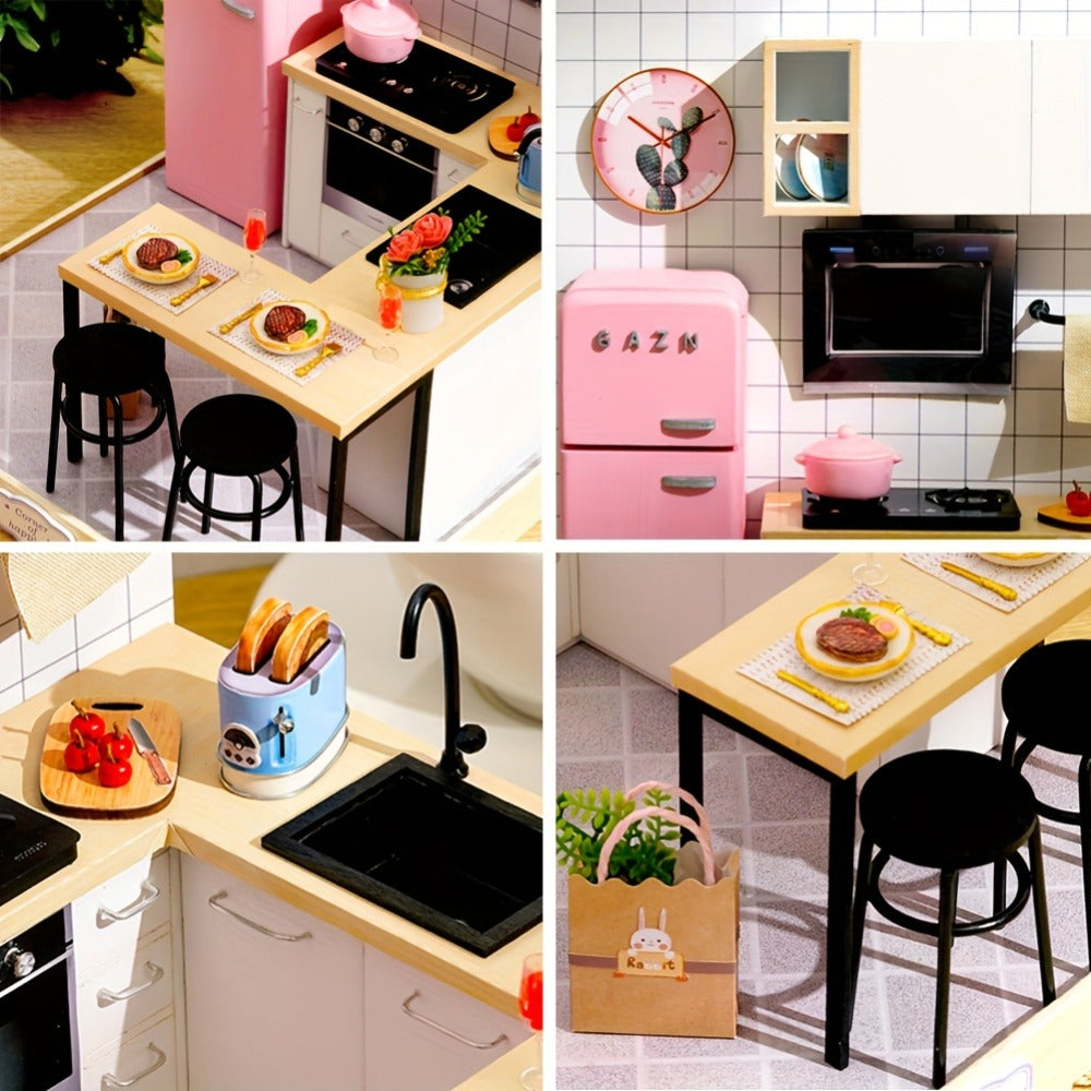 DIY Miniature Dollhouse Kit with Dust Cover Small – Mini House Model No Glue No Batteries, 4 Styles Tea Time Flavor Life Heartbeat Creativity World, Room Desk Decor Birthday Gift for Teens & Adults