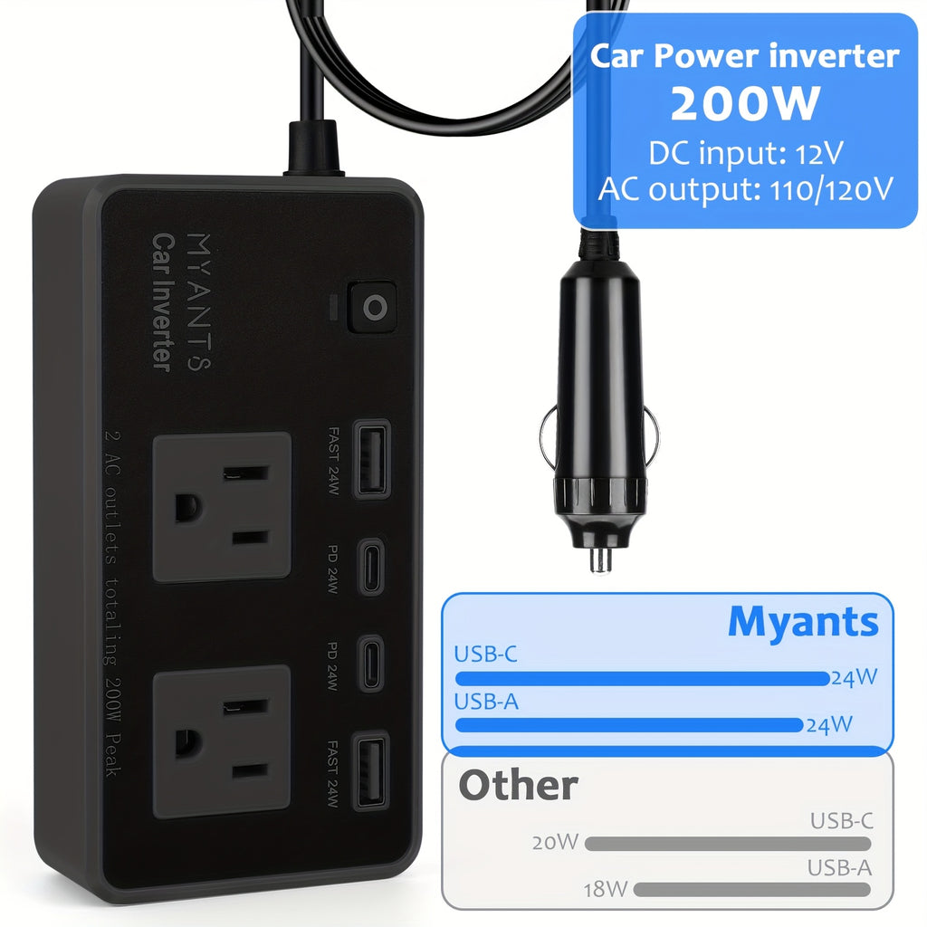 200W Car Power Inverter - 12V DC to 110V AC Car Outlet Adapter Converter with 4 Port USB C 24W PD3.0 & QC3.0 USB A Fast Car Charger Adapter Plug for Laptop Travel, Road Trip Essential, Clearance Gift, Garden Tools