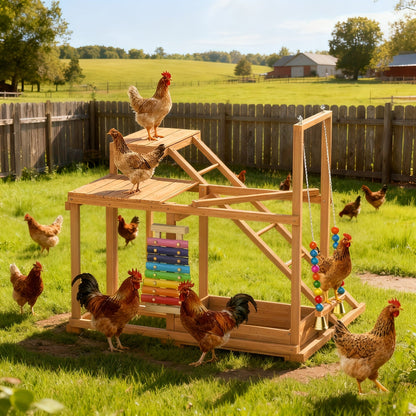 Chicken Coop Toy Activity Play Stand with Perches Swing Ladder Feeder Xylophone Bell Natural Wood Poultry Enrichment Gym for 3-4 Chickens Hens Roosters Macaws