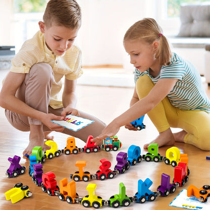 Magnetic Wooden Alphabet Train Set 27PCS ABC Letter Learning Toy with 42 Double-Sided Flash Cards, Engine & Storage Bag – Educational STEM Gift for Boys & Girls Ages 3-6