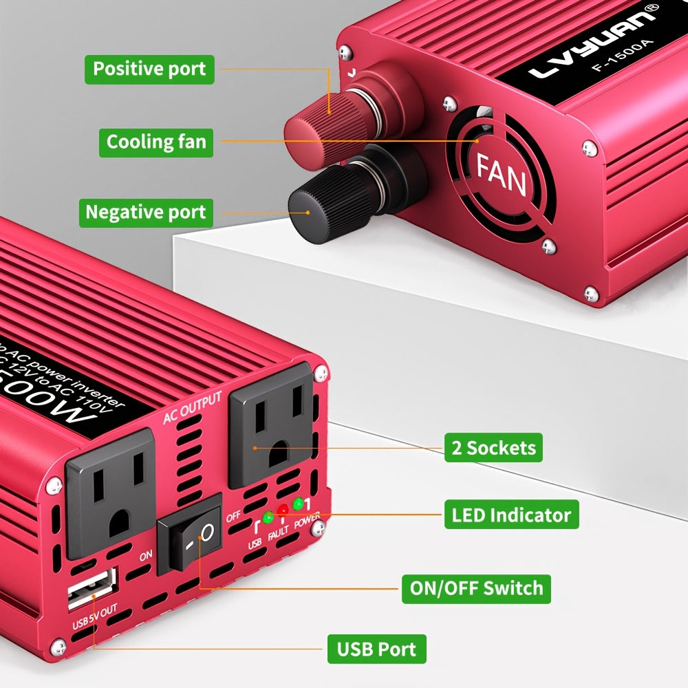 LVYUAN 1500W Peak Car Power Inverter, DC 12V to 110V AC Converter with 2 AC Outlets And USB Charging Port, Built-In Cooling Fan And Multiple Safety Protections for Car, RV, Truck, Camping, Off-Grid Emergency Use
