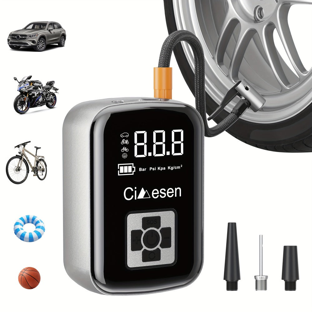 Portable Tire Inflator Air Compressor 150PSI 100W Cordless 4000mAh Digital Display 5 Modes USB-C Fast Charge for Car Motorcycle Bicycle Ball Auto Shut-Off Yellow Blue Black Silver