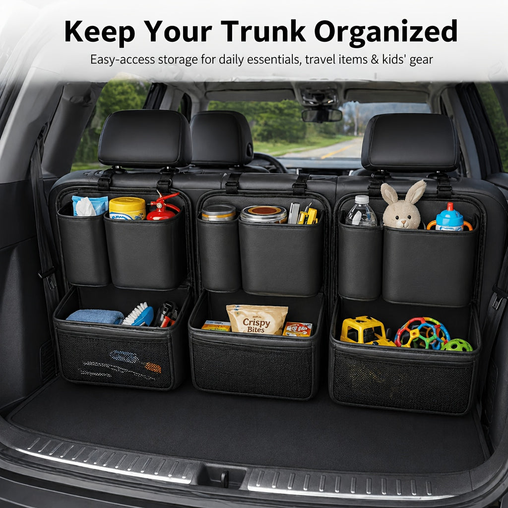 QIANKUNBAG Premium PU Leather Car Organizer Trunk Organizer with Multi-Pocket Storage, Adjustable Straps & Bottle Slots - Versatile Automobile Accessories for Organization And Travel