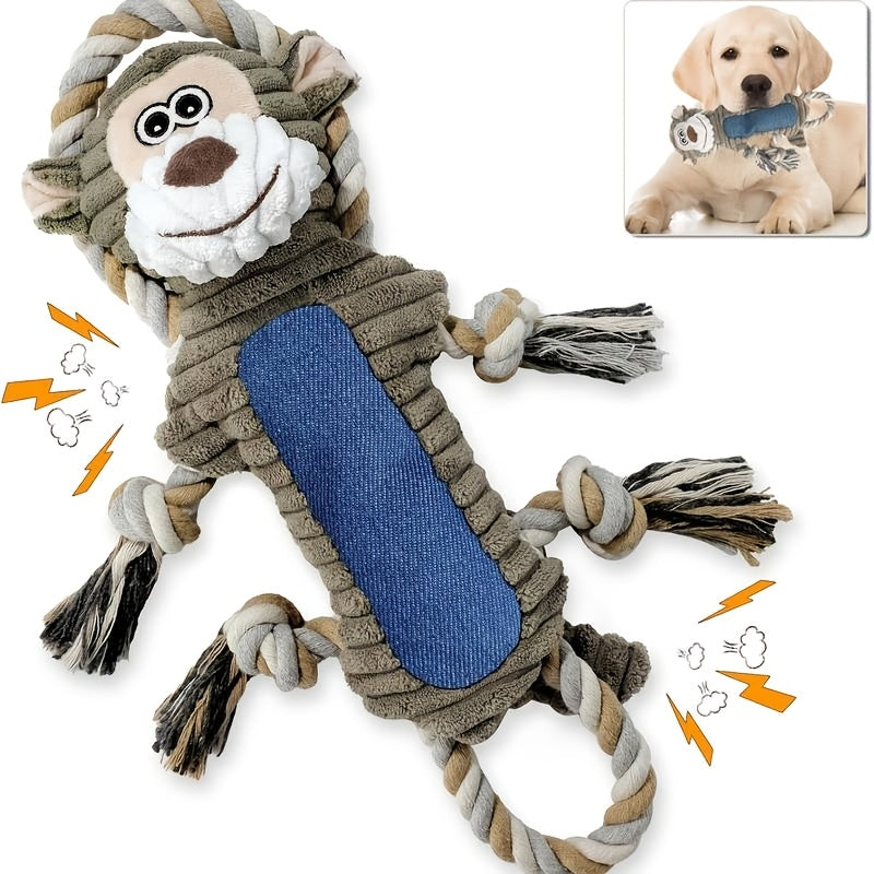 Squeaky Plush Dog Toys - Interactive Stuffed Animal Chew Toys with Built-in Squeaker & Pull Rope, Soft Durable Dog Toys for Small Medium Large Dogs, Cute Puppy Toys Gift Set (Monkey, Chinchilla, Squirrel, Cotton Rope)