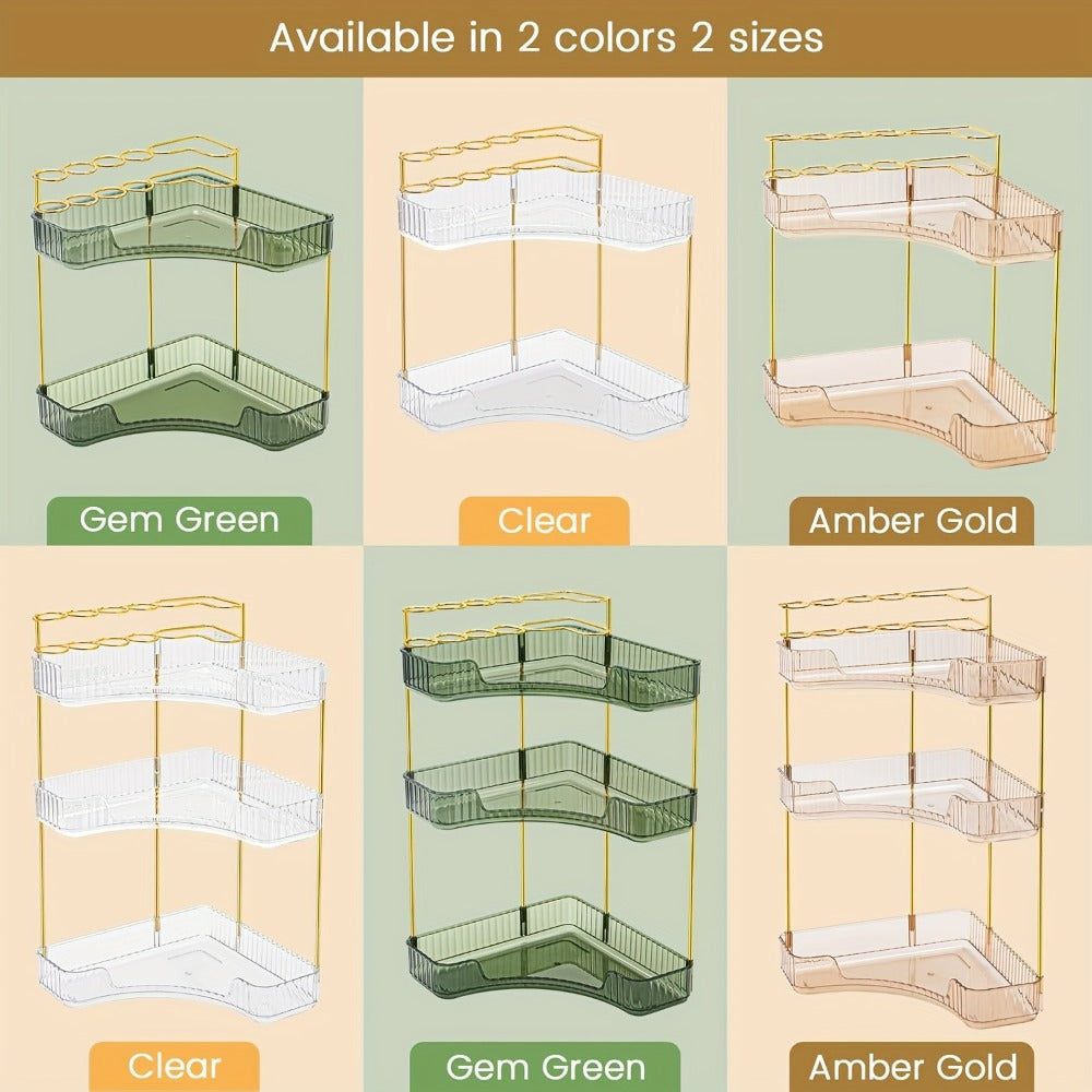 Bathroom Corner Shelf Organizer 2-in-1 Tiered Makeup Skincare Storage with Brush Holder No-Tool Install Space-Saving Countertop Vanity Dresser Kitchen Organizer Women