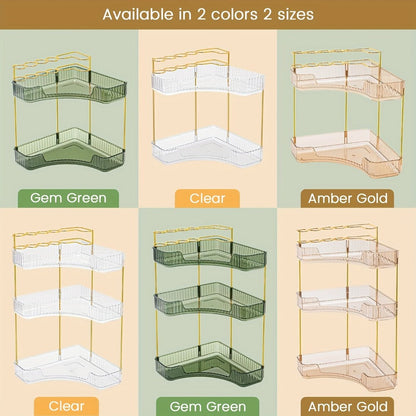 Bathroom Corner Shelf Organizer 2-in-1 Tiered Makeup Skincare Storage with Brush Holder No-Tool Install Space-Saving Countertop Vanity Dresser Kitchen Organizer Women
