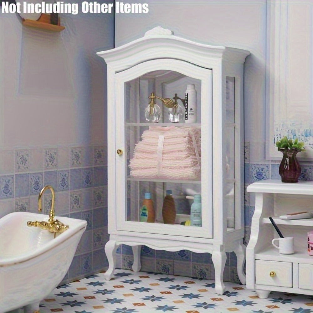 Miniature Display Cabinet with Mirror & 3 Glass Shelves White Wooden Mini Showcase – Dollhouse Decoration Photography Prop Wedding Scene Decor, Collectible Gift for Miniature Enthusiasts & Collectors