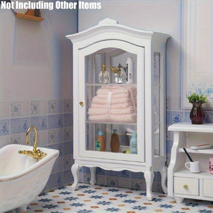 Miniature Display Cabinet with Mirror & 3 Glass Shelves White Wooden Mini Showcase – Dollhouse Decoration Photography Prop Wedding Scene Decor, Collectible Gift for Miniature Enthusiasts & Collectors