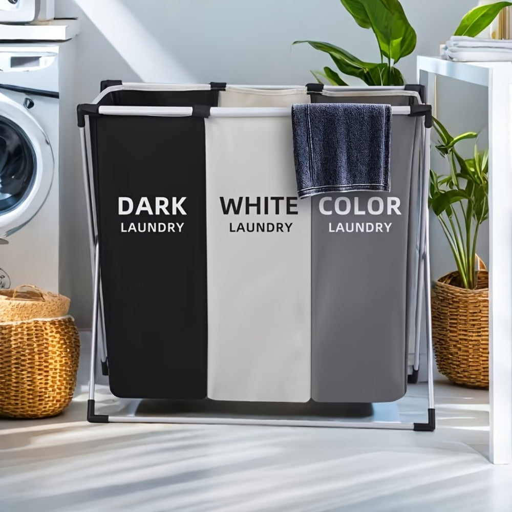 Laundry Hamper Sorter 3-Section Foldable Basket with Oxford Bags Large Rectangular Hamper with Handles Durable Fabric for Home Dorm Bathroom Bedroom College
