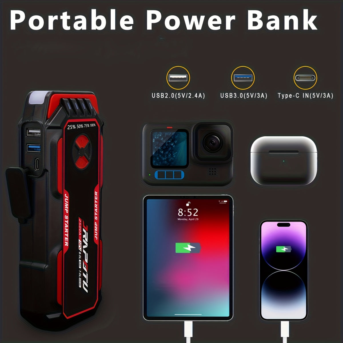 Portable Car Jump Starter, 2500A Peak Battery Jumper Starter Portable, Jump Box for Car Battery, 12V Portable Jump Starter for 2.11gal Gas & 1.85gal Diesel Cars with USB Ports & LED Flashlight, Car Battery Charger Jump Starter, Battery Starter
