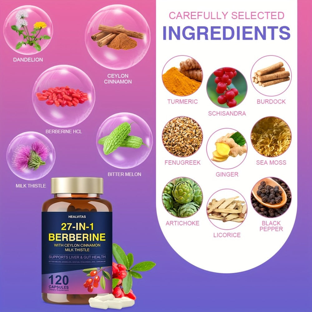 Liver Detox & Gut Health Supplement with Berberine, Ceylon Cinnamon, Milk Thistle, Green Tea & Aloe Vera – Natural Herbal Formula for Blood Sugar, Immune & Metabolic Support – 120 Capsules for Men and Women