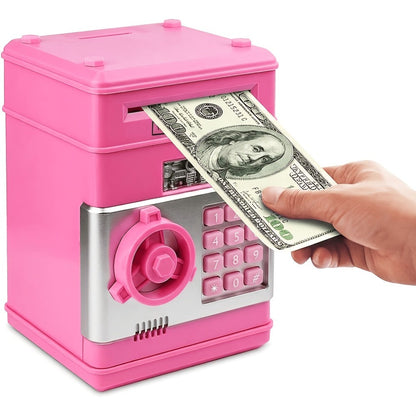 Electronic ATM Piggy Bank for Kids – Digital Coin & Cash Money Bank with Password Lock, Holds 600 Coins or 100 Bills, Fun Savings Bank Toy Gift for Boys & Girls, Black or Pink