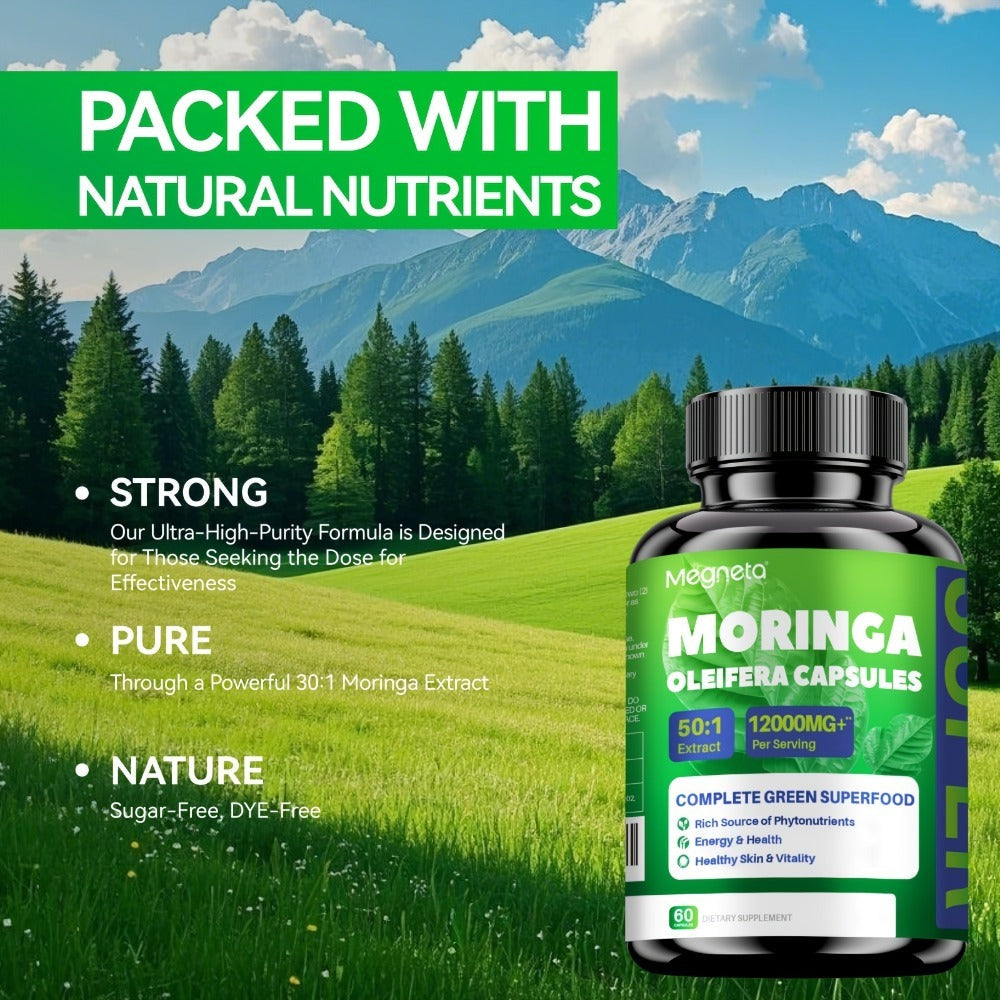 Moringa Capsules 12000mg Organic Superfood Supplement - Antioxidant, Immune Support, Skin Health & Natural Energy for Women & Men - Stimulant-Free Green Superfood Daily Capsules 60-180 Count