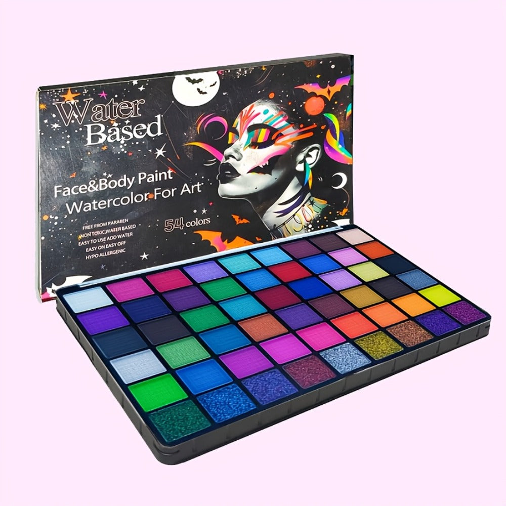 54 Color Face & Body Paint Kit with UV Fluorescent, Matte & Glitter Shades — Pattern Templates, Brushes & Tattoo Stickers for Sports, Cheerleading, Halloween, Festivals & Parties