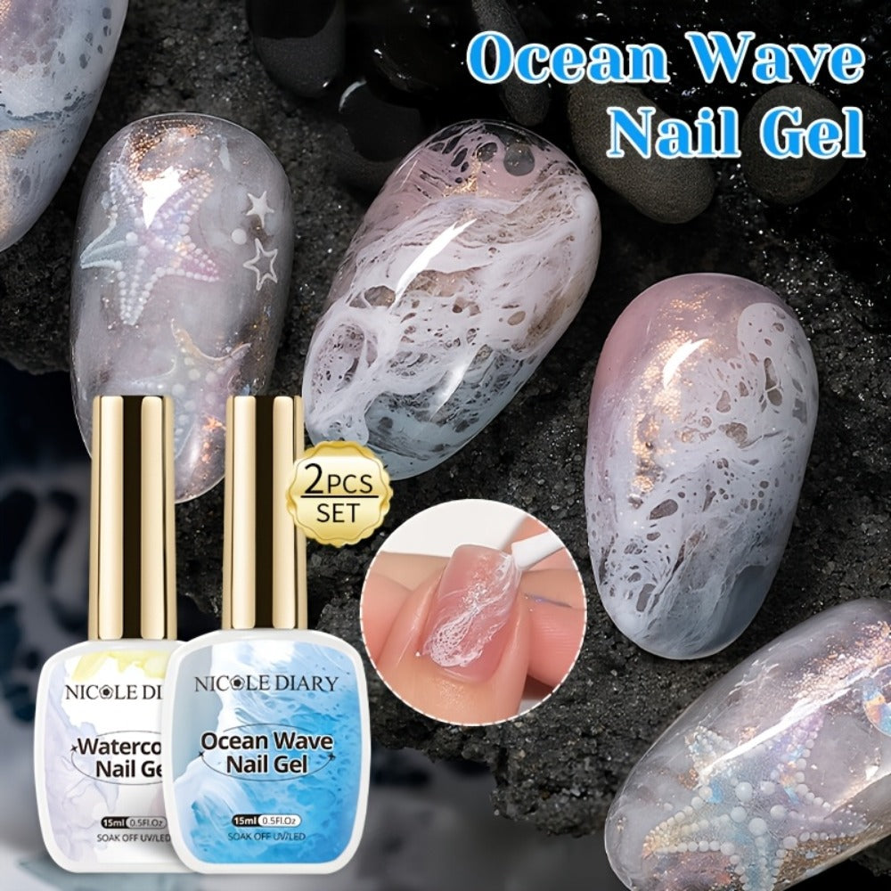 Watercolor Marble Ocean Wave Nail Art Gel Polish Set NICOLE DIARY 2pcs 15ml Each - UV LED Cured Long Lasting Glossy Ink Effect DIY Home Manicure No Resin Remover Needed Nail Gel Kit for Women