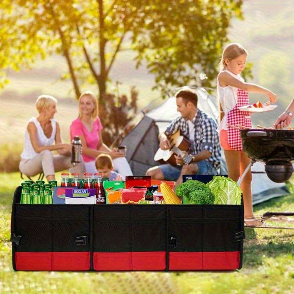 Foldable Car Trunk Organizer 95L – 4-Compartment Storage Box with 2 Retractable Straps, Collapsible Cargo Bin for SUV Truck Minivan – Travel Camping Shopping