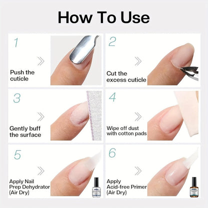Acid-Free Nail Dehydrator & Primer Set Professional Bonding Kit for Acrylic Gel Polish Fast Dry Non-Acid Base with Nail File Brush Salon DIY Nail Prep Gift Box for Nail Technicians