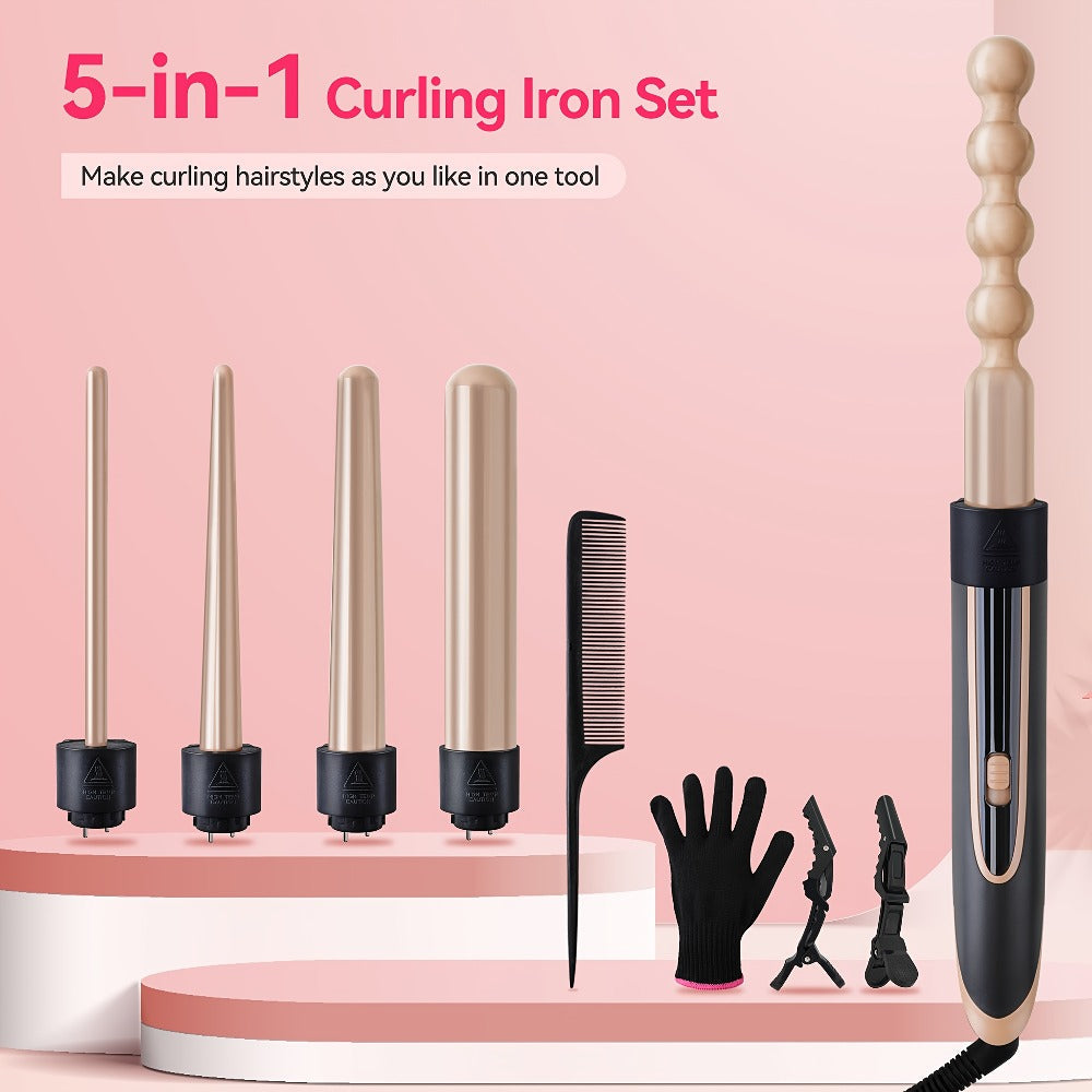 5-in-1 Curling Wand Set Ceramic Interchangeable Barrels 0.4-1.25 Inch - 30s Fast Heat Dual Voltage Auto Shut-Off Hair Curler Iron with Heat Glove for Women Long Short Hair