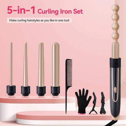 5-in-1 Curling Wand Set Ceramic Interchangeable Barrels 0.4-1.25 Inch - 30s Fast Heat Dual Voltage Auto Shut-Off Hair Curler Iron with Heat Glove for Women Long Short Hair