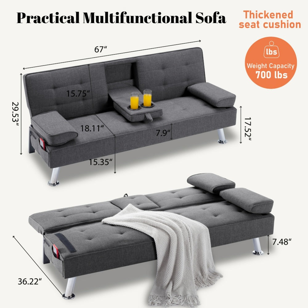 67-Inch Futon Sofa Bed with Fold-Out Lounger and Adjustable Backrest detail image - detail view 3