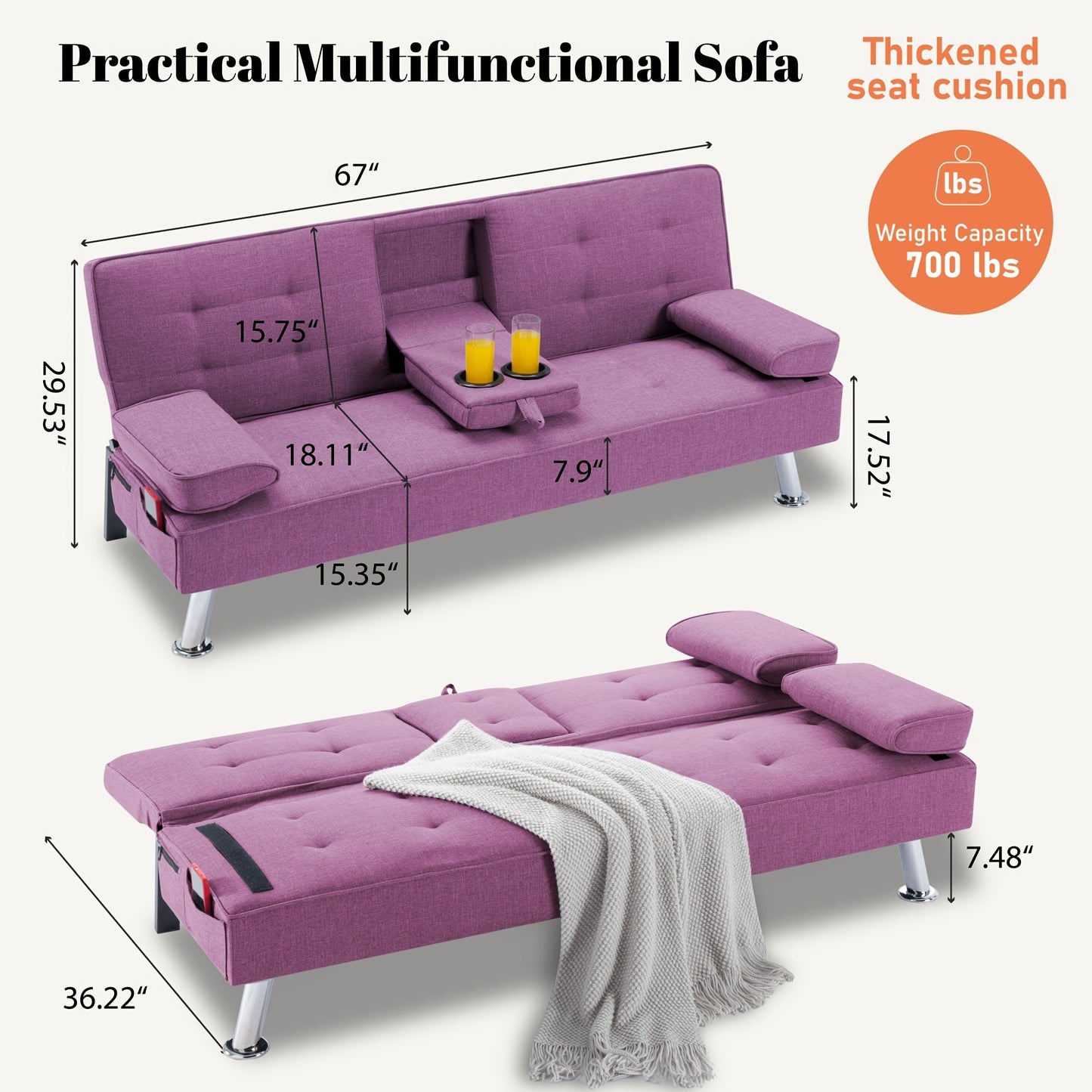 Futon Sofa Bed shown in the Purple option