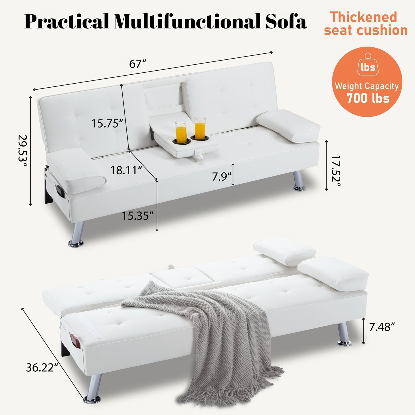 Futon Sofa Bed shown in the 【white】 option