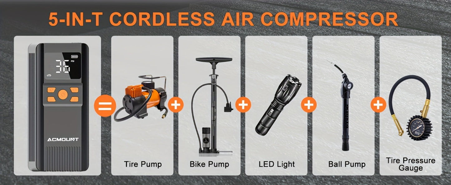 Portable Tire Inflator Cordless Air Compressor – 150PSI Fast Inflation, 5000mAh Rechargeable Battery, Digital Pressure Gauge, LED Light, 4+ Modes for Car Bike Motorcycle Sports Balls