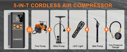 Portable Tire Inflator Cordless Air Compressor – 150PSI Fast Inflation, 5000mAh Rechargeable Battery, Digital Pressure Gauge, LED Light, 4+ Modes for Car Bike Motorcycle Sports Balls