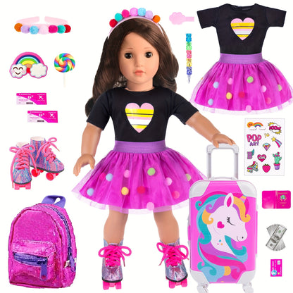 18 Inch Doll Travel Accessories Set 25 Pcs – Unicorn Suitcase, Roller Skates, Outfit, Backpack, Hairpins & Passport for 18 Inch Girl Dolls, Imaginative Play Gift for Girls Ages 3+ (Doll Not Included)