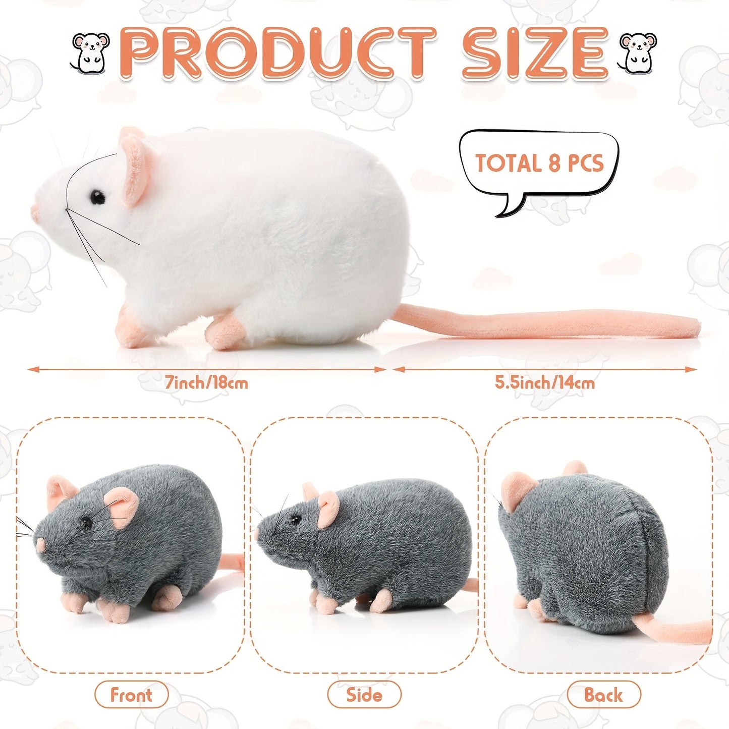 Realistic Fake Rat Cat Toys 8-Pack – 7 Inch Plush Mouse Toys for Cats, Cuddly Lifelike Mice Bulk Set in Mixed Colors
