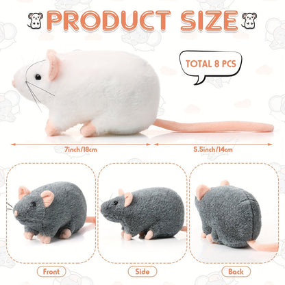 Realistic Fake Rat Cat Toys 8-Pack – 7 Inch Plush Mouse Toys for Cats, Cuddly Lifelike Mice Bulk Set in Mixed Colors