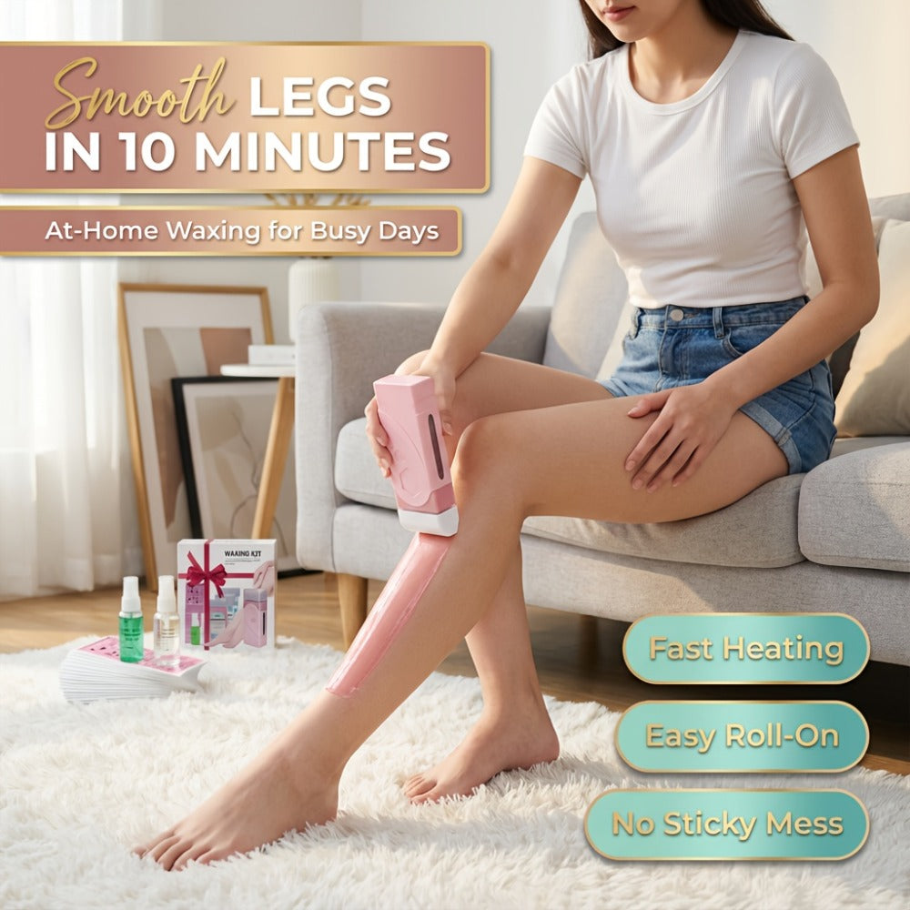 Roll On Wax Kit 105 Piece Complete Home Waxing Set - 2 Roll On Wax Rollers, Wax Warmer, 100 Waxing Strips, Lavender Oil & Pre-Post Spray - Pro Hair Removal for Face Brazilian Bikini Full Body Sensitive Skin