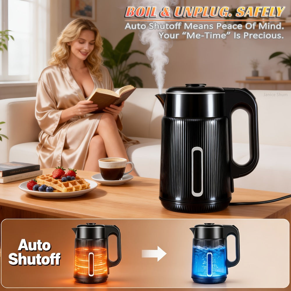 Electric Kettle 1000W Double Wall Stainless Steel – 57.48oz 304 SS Hot Water Kettle with 360° Rotary Base, LED Light, Auto Shut-Off & Boil-Dry Protection, Instant Water Warmer for Coffee & Tea – Black