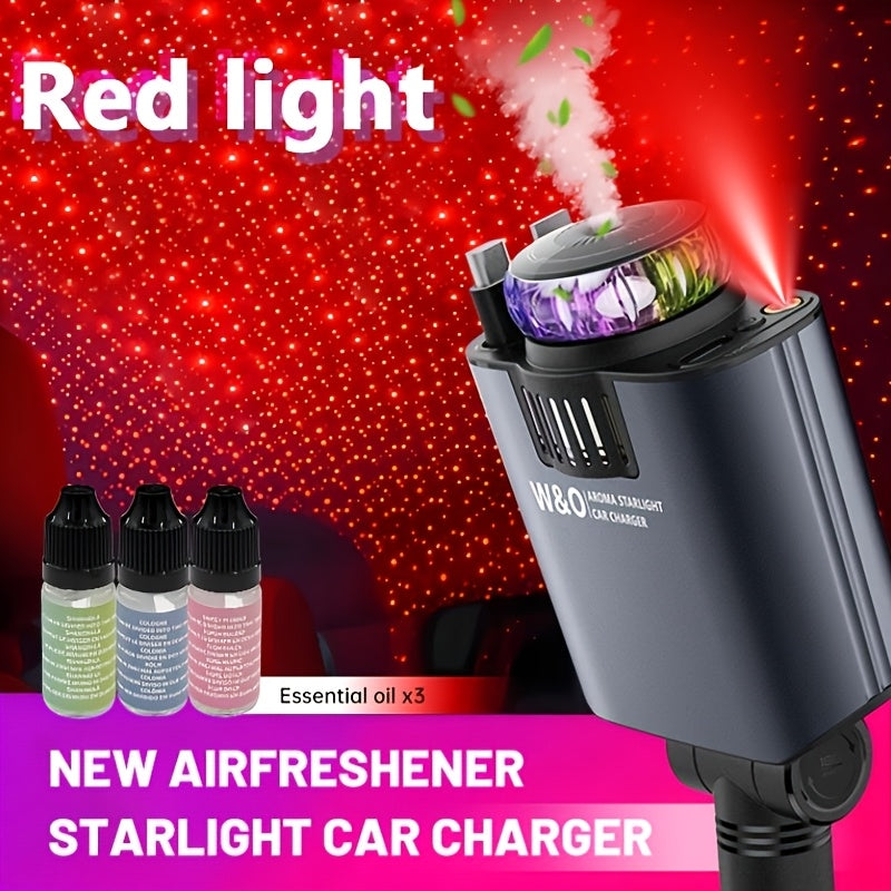 Perfume Is Sold Separately/New AromaRelax Car ChargerBLUE/RED Light, 3-in-1 Retractable Car Charger with Starlight Projector, Fast Charging Car Phone Charger with 2.6ft Retractable Cable And USB-C Port.