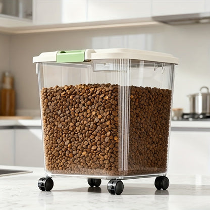 Transparent Pet Food Storage Container with Wheels – Large Capacity Moisture-Proof Bug-Proof Visible Food Level, Includes Measuring Cup, for Cats & Dogs
