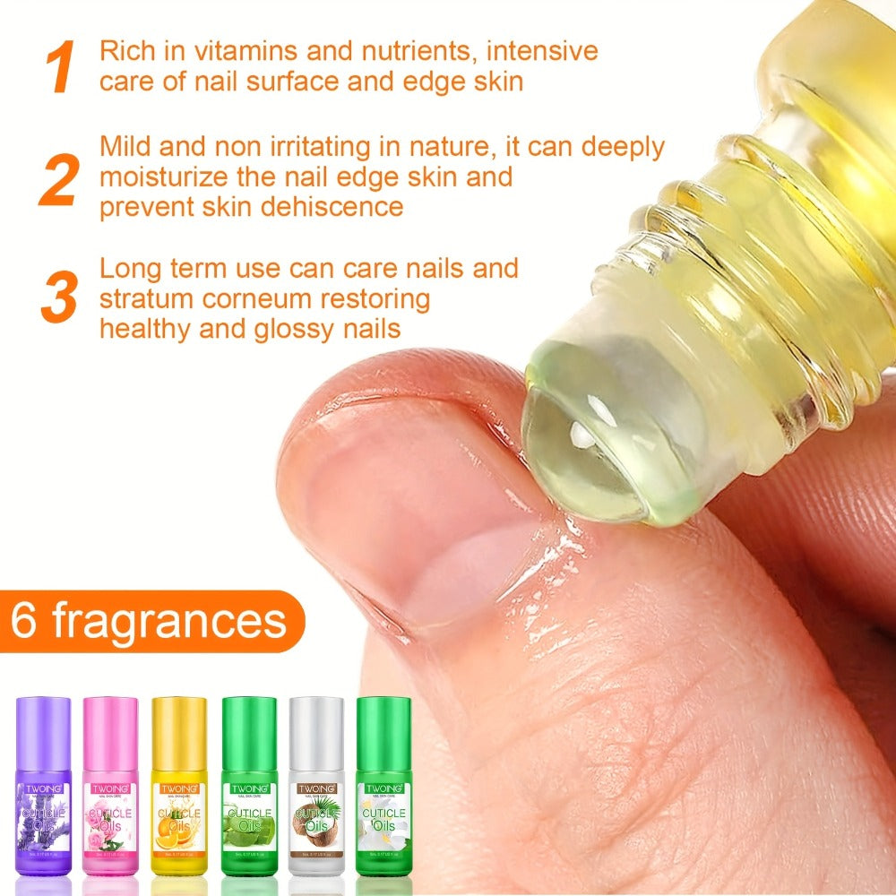 Cuticle Oil Set 6 Scents with Jojoba Oil Grape Seed Oil & Vitamin E — Paraben-Free Plant-Based Daily Nail Treatment for Dry Damaged Broken Thinning Nails & Cuticles, Nail Care Gift Set for Women