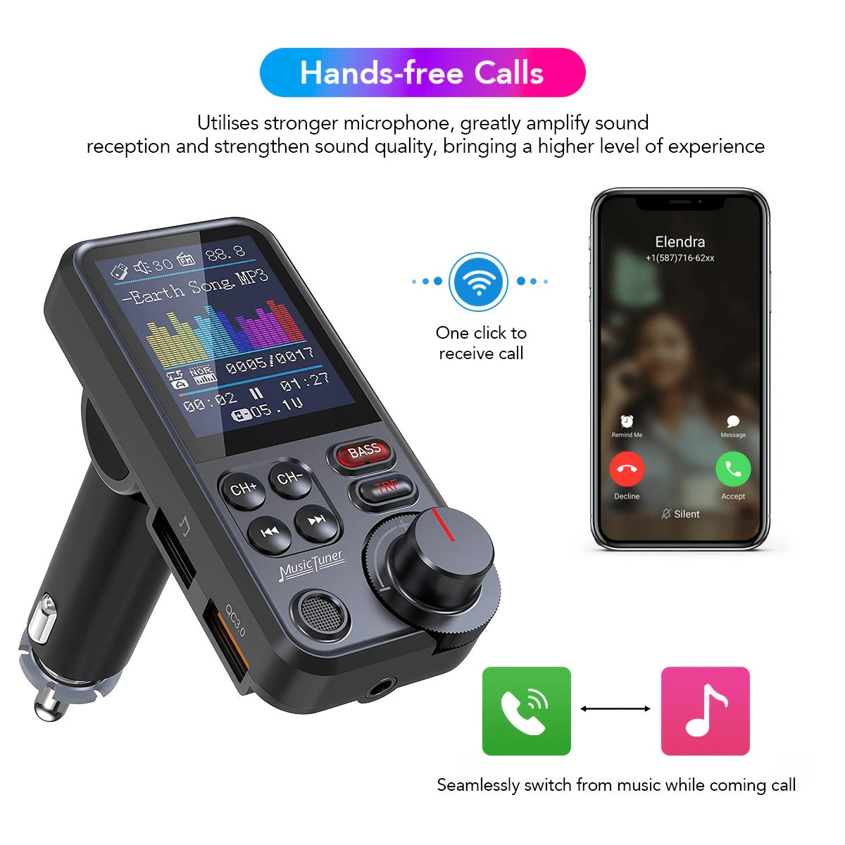 Car FM-BT 5.3 Transmitter with Enhanced Microphone, Wireless Car Adapter, 1.8" Color Screen, Hands-Free Calling, QC3.0 Fast Charging, Supports 64GB USB Drive & 64GB TF Card, And Bass/Treble Music Player.