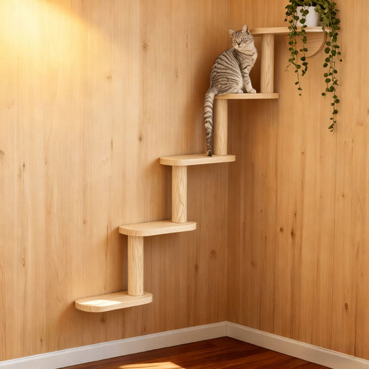 Wall-Mounted Cat Tree 5 Layers Solid Wood Indoor Cat Climbing Frame Jumping Platform Ladder Space-Saving for Small Spaces Multi-Cat Homes Living Room Bedroom Balcony