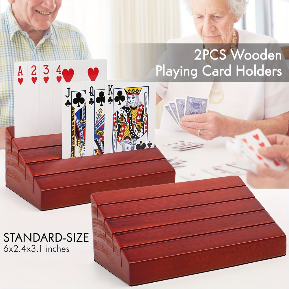 Wooden Playing Card Holder 2 Pack – Hands-Free Card Rack with 4 Slots, Holds 40 Cards Each, Fits Bridge & Poker Size, Pine Wood Card Stand for Game Night, Family Board Games & Card Games