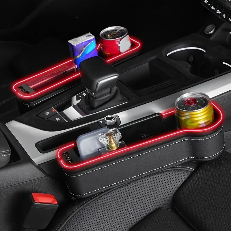 Car Seat Gap Storage Box, Phone Holder Charger, Clutter Organizer, Car Seat Gap Organizer with LED Ambient Lighting, Faux Leather Multi-Function Console Side Bag with Dual USB Charging Ports, for Vehicle Interior Additions