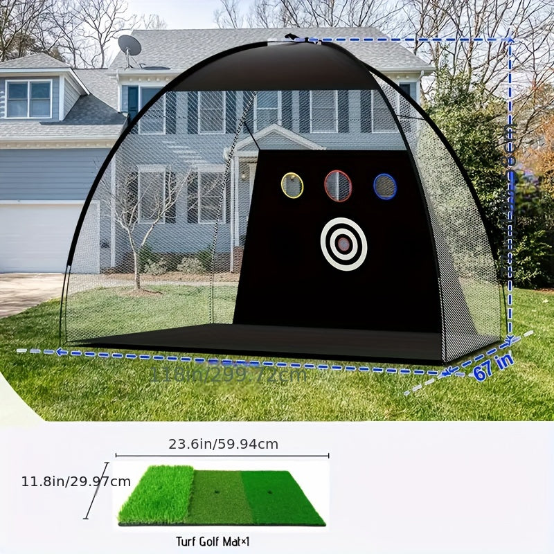 Golf Practice Net Set 10x7ft – Tri-Turf Mat, Target Design, 5 Balls, Tees & Storage Bag | Backyard Golf Training Net for Home Use