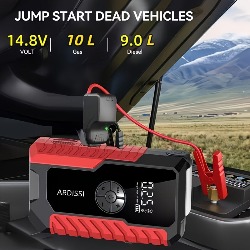 10000A 7-In-1 Multifunctional Emergency Jump Starter with 150PSI Air Pump, Digital Tire Inflator, Portable Car Battery Charger, Up to 2.64gal Gas/2.38gal Diesel, LED Emergency Light & USB Charging, Car Emergency Tool. Suitable As a Holiday Gift